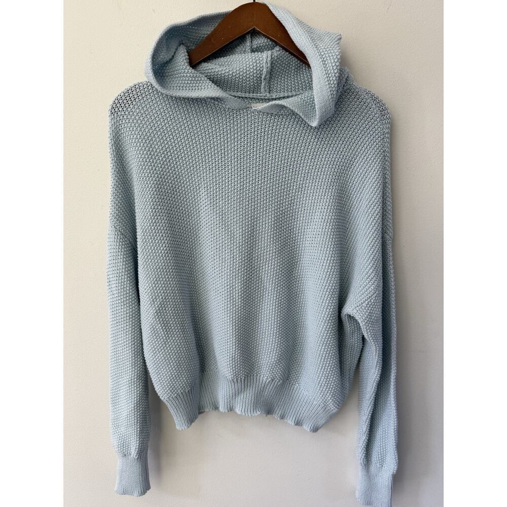Lucky Brand Knit Hooded Pullover Sweater Blue V-Neck Drawstring Women's Size SP